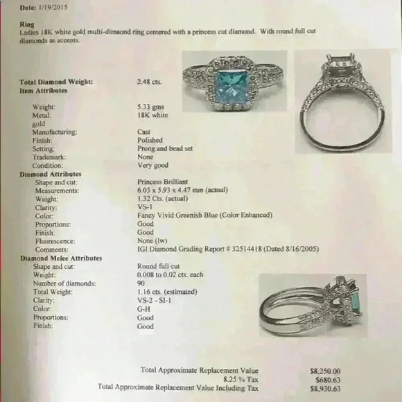 Princess Cut Fancy Blue Diamond Engagement Ring - Picture 4 of 6